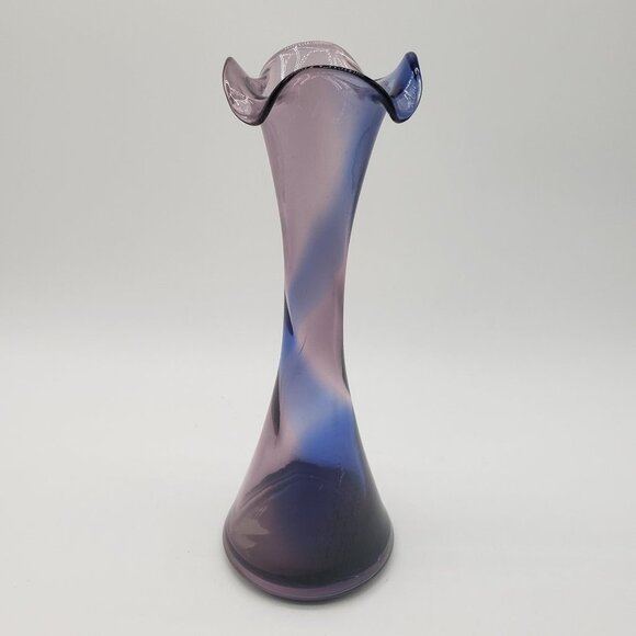 Blue Amethyst Swirl Ruffled Top Art Glass Bud Vase - Picture 11 of 12